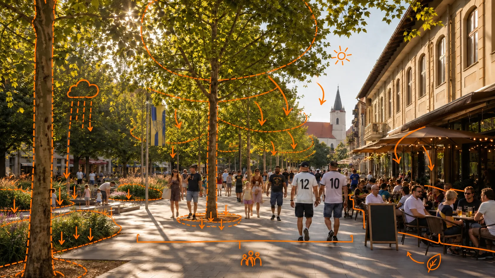 Korzo Dunajská Streda — tree canopy, planting and rainwater management